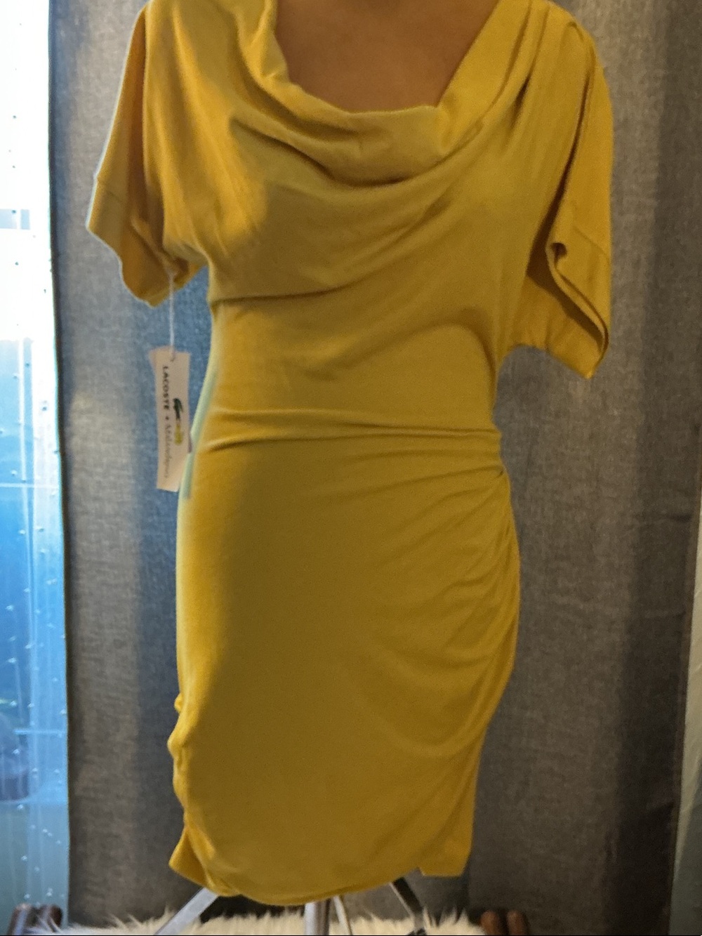 Lacoste Mustard Cowl-Neck Midi Dress